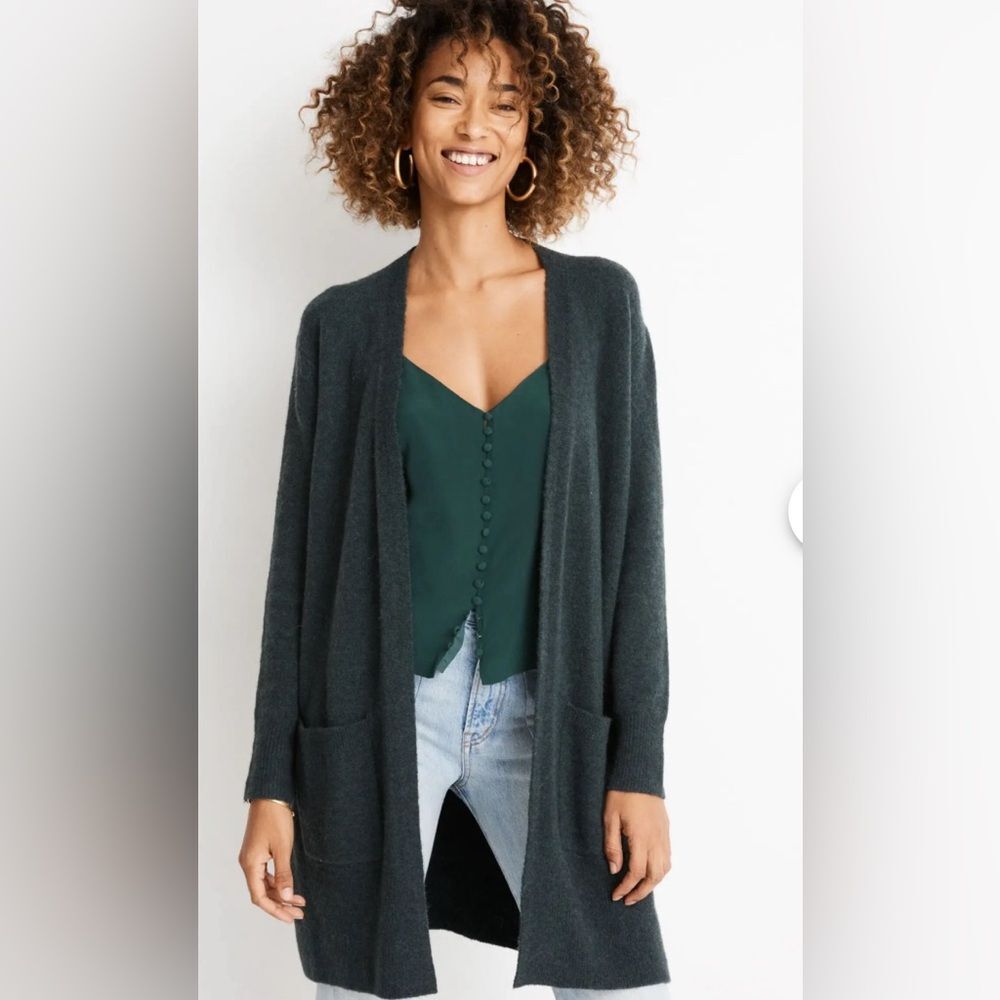 Madewell cozy cardigan sweater hunter green long wool alpaca front pockets small